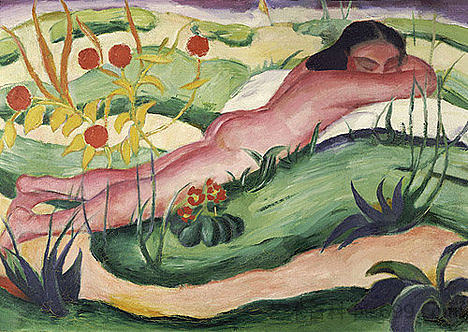 裸体躺在花丛中 Nude Lying In The Flowers (1910)，弗朗茨·马克