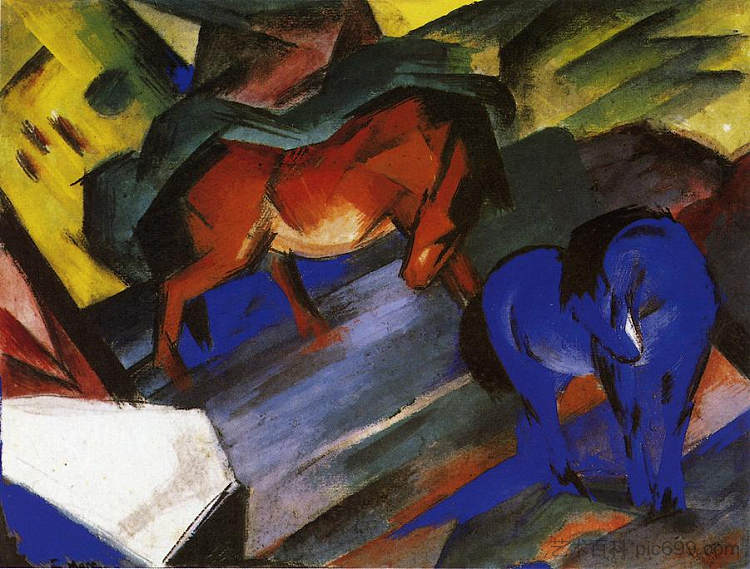 红马和蓝马 Red and Blue Horse (1912)，弗朗茨·马克