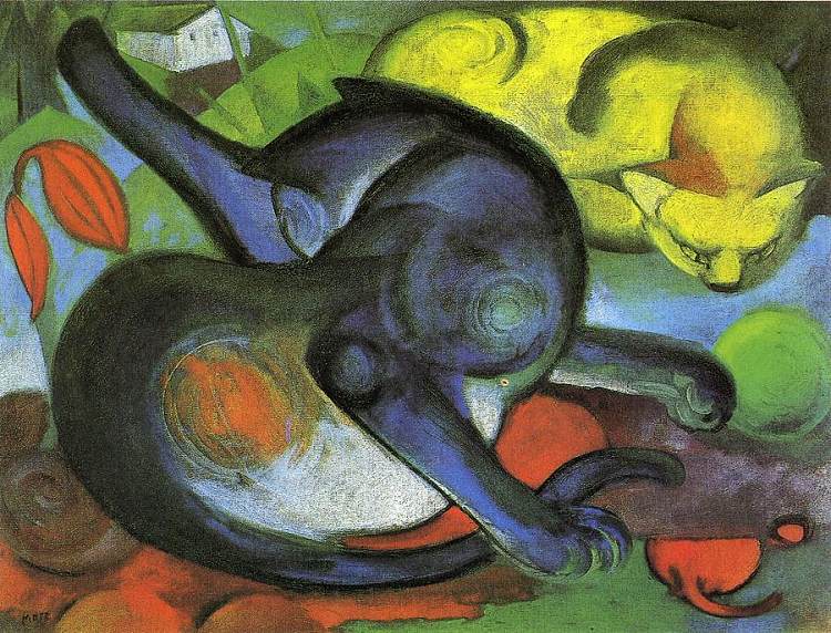 两只猫，蓝色和黄色 Two Cats, Blue and Yellow (1912)，弗朗茨·马克