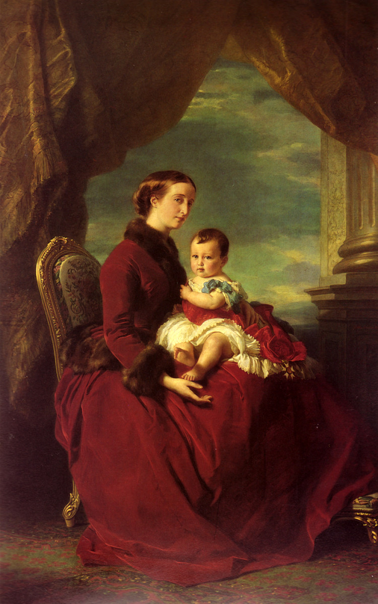 欧仁妮皇后抱着帝国亲王路易·拿破仑跪在地上 The Empress Eugenie Holding Louis Napoleon, the Prince Imperial, on her Knees (1857)，弗兰兹·温特豪德