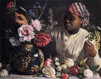 牡丹与牡丹 Negress with Peonies (1870)，弗雷德里克·巴齐耶