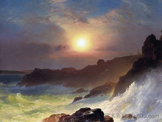 海岸风光,缅因州海岸附近的沙漠山日出 Coast Scene, Mount Desert Sunrise off the Maine Coast,弗雷德里克·埃德温·丘奇