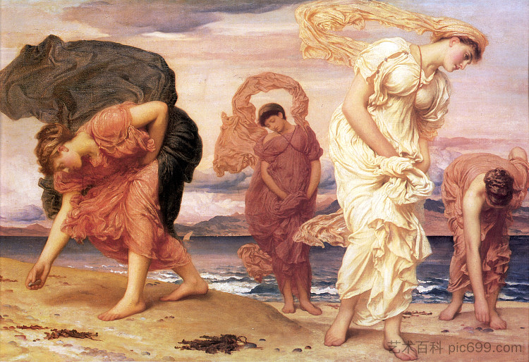 希腊女孩捡起鹅卵石 Greek Girls Picking up Pebbles，洛尔德·弗雷德里克·莱顿