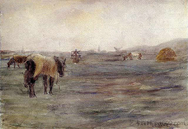 田野里的马 水彩画 Horse in a Field Watercolor (1899)，弗雷德里克·卡尔·弗里塞克