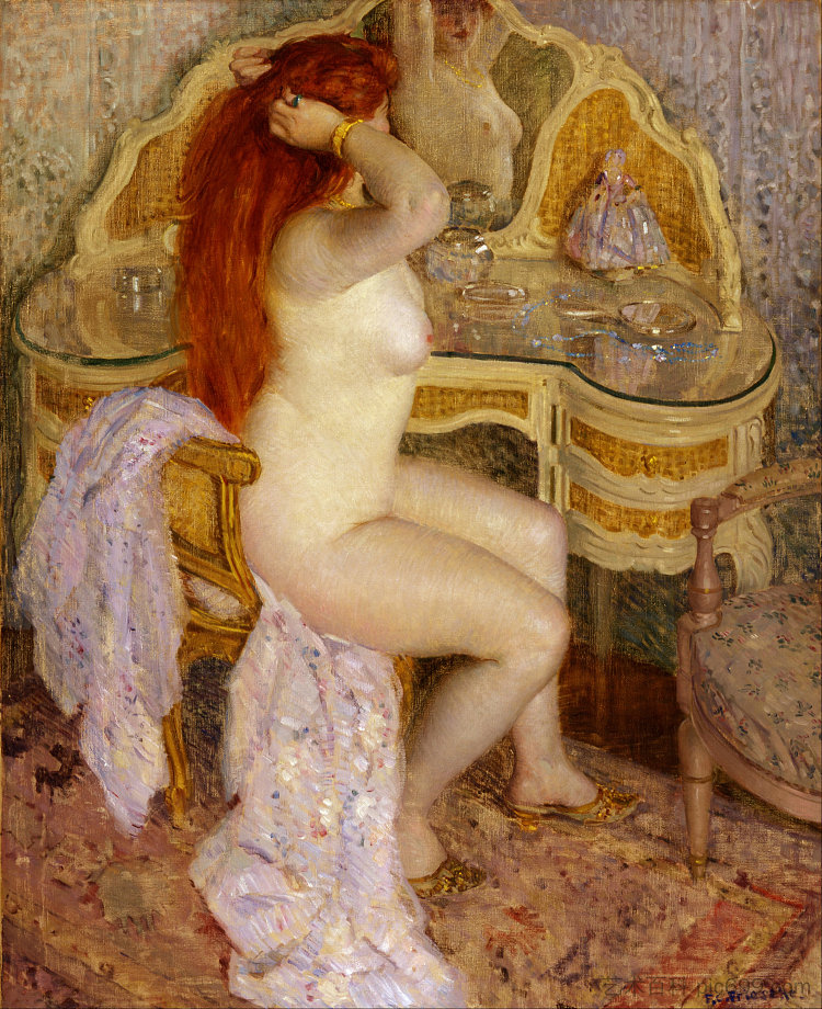 裸体坐在梳妆台前 Nude Seated at Her Dressing Table (1909)，弗雷德里克·卡尔·弗里塞克