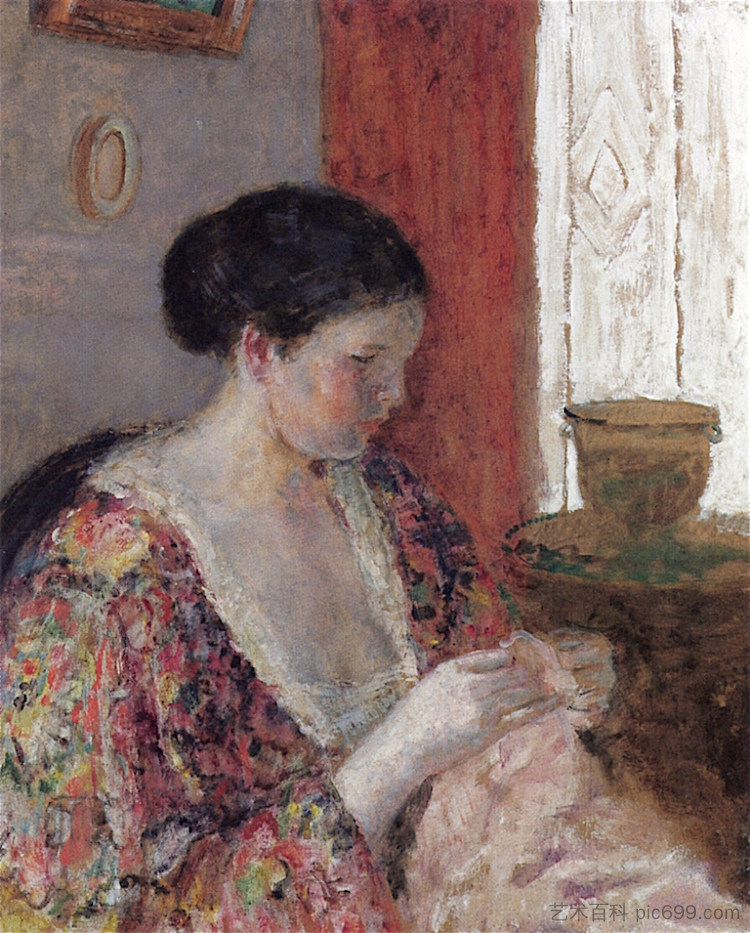 艺术家的妻子缝纫 The Artist's Wife Sewing (1923)，弗雷德里克·卡尔·弗里塞克