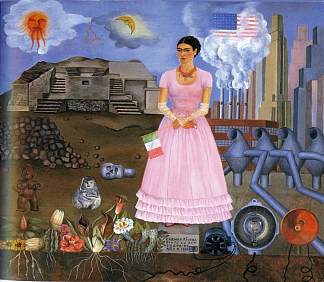 墨西哥和美国边境线上的自画像 Self-Portrait Along the Border Line Between Mexico and the United States (1932)，弗里达·卡洛