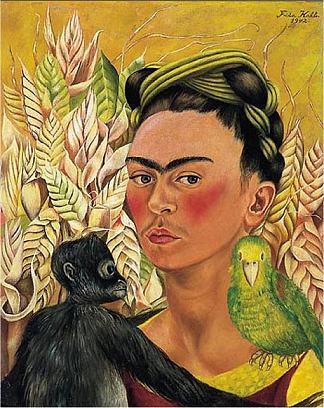 自画像与猴子和鹦鹉 Self Portrait with Monkey and Parrot (1942)，弗里达·卡洛
