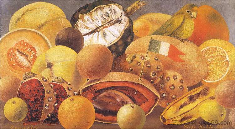 静物与鹦鹉和旗帜 Still Life with Parrot and Flag (1951)，弗里达·卡洛