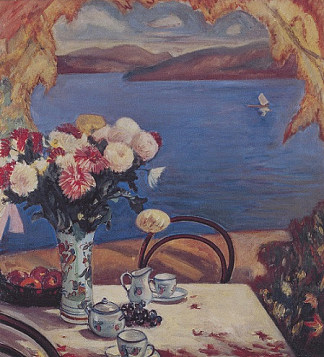 菊花（湖边的静物） Chrysanthemums (still Life Beside a Lake) (1928)，藤岛武二