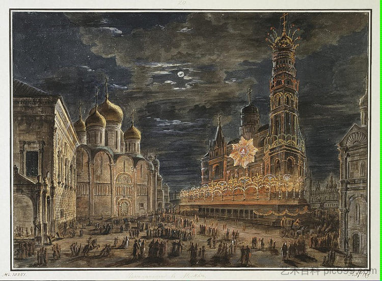 亚历山大一世加冕之际索博罗纳亚广场的照明 Illumination at Soboronaya Square on the occasion of the coronation of Alexander I (1802; Russian Federation  )，费奥多尔·阿列克谢耶夫