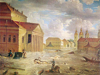 1824年在莫斯科大剧院卡门尼剧院广场上的洪水 The Flood of 1824 in the Square at the Bolshoi Kamenny Theatre (1824; Russian Federation                     )，费奥多尔·阿列克谢耶夫