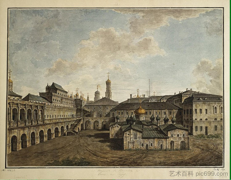 克里姆林宫松树林中的特雷姆和救世主教堂 Terem and Church of Our Savior in a pine forest in the Kremlin (c.1805; Russian Federation  )，费奥多尔·阿列克谢耶夫