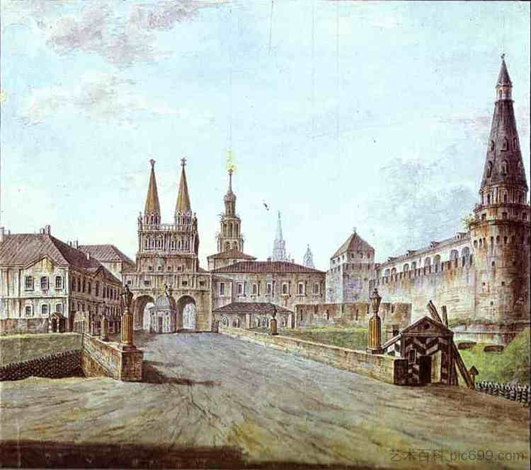 克里姆林宫伊沃斯基门附近的莫斯科景色 View of Moscow Near the Iversky Gate of the Kremlin (1800; Russian Federation  )，费奥多尔·阿列克谢耶夫