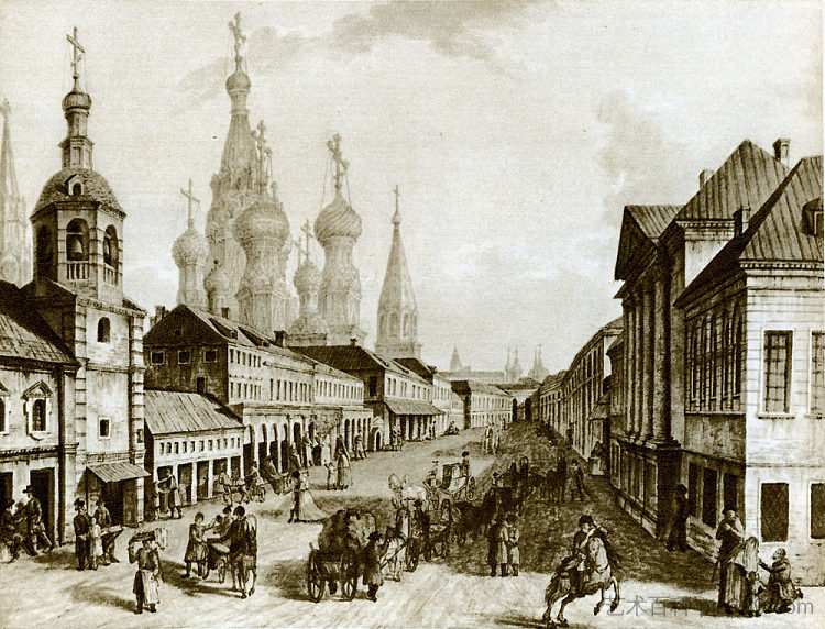 莫斯科沃列茨卡亚街的景色，扎里亚季耶，莫斯科 View of Moskvoretskaya Street, Zaryadye, Moscow (c.1800; Russian Federation  )，费奥多尔·阿列克谢耶夫