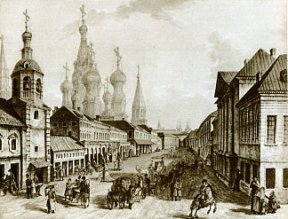 莫斯科沃列茨卡亚街的景色，扎里亚季耶，莫斯科 View of Moskvoretskaya Street, Zaryadye, Moscow (c.1800; Russian Federation                     )，费奥多尔·阿列克谢耶夫