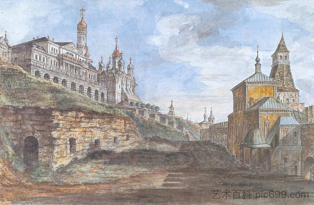 君主宫殿和黑麦院子里的天使报喜教堂的景色 View of the Sovereign's Palace and the Church of the Annunciation in the Rye yard (c.1805; Russian Federation  )，费奥多尔·阿列克谢耶夫