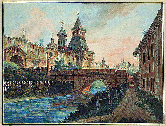 弗拉基米尔斯基耶(尼科尔斯基耶)的景色 基泰戈罗德门 View of Vladimirskiye (Nikolskiye) Gate of Kitai gorod (c.1805; Russian Federation ),费奥多尔·阿列克谢耶夫