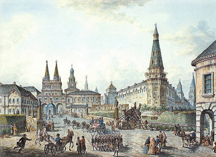 Voskresenskiye（复活）和Nikolskiye门的景色 View of Voskresenskiye (Resurrection) and Nikolskiye Gates (c.1805; Russian Federation  )，费奥多尔·阿列克谢耶夫