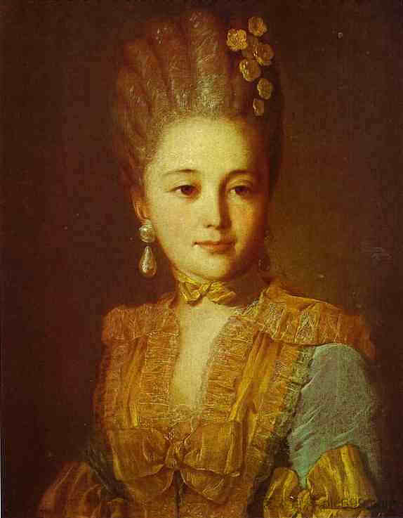 一个穿着蓝色连衣裙和黄色装饰的陌生女人的肖像 Portrait of an Unknown Woman in a Blue Dress with Yellow Trimmings (c.1760),费奥多尔·罗科托夫