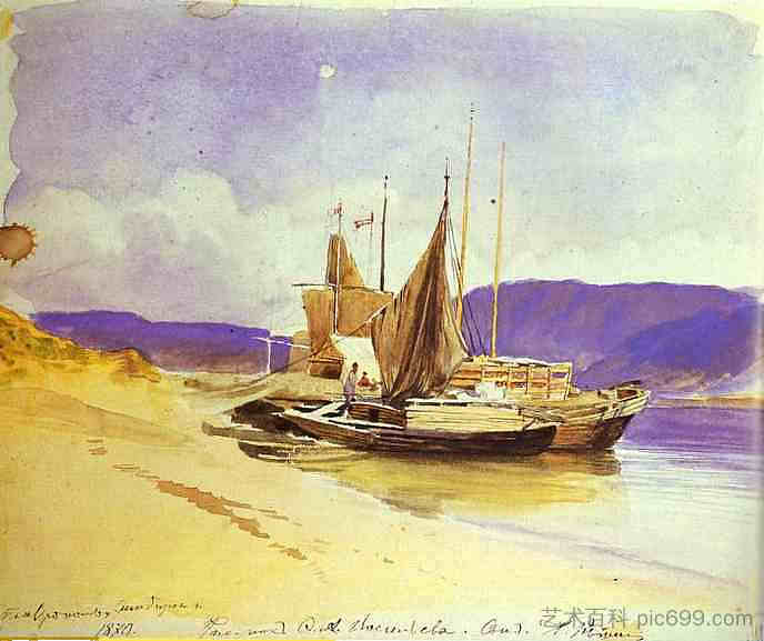银行附近的驳船 Barges near the Bank (1870),费奥多尔·瓦西里耶夫