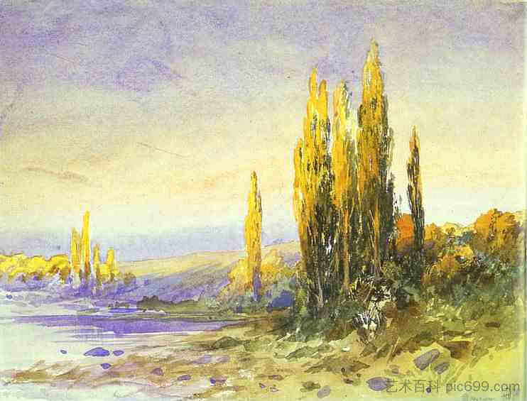 湖畔的伦巴第杨树。傍晚 Lombardy Poplars on the Bank of a Lake. Evening,费奥多尔·瓦西里耶夫