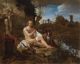 一个猎人在洗完澡后穿衣服 A Hunter Getting Dressed after Bathing (c.1654 – c.1656)，哈布里尔·梅曲