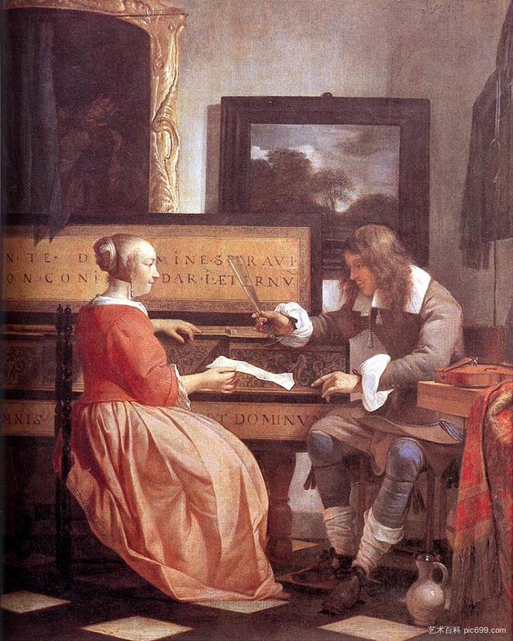 一个男人和一个女人坐在处女身边 A Man and a Woman Seated by a Virginal (1658 - 1660)，哈布里尔·梅曲