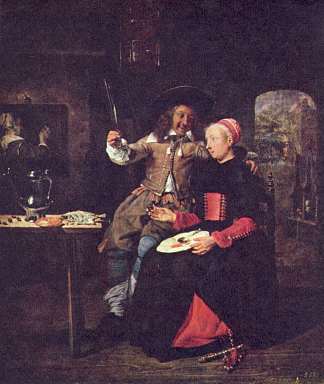 艺术家与妻子伊莎贝拉·德·沃尔夫在酒馆的肖像 Portrait of the Artist with his Wife Isabella de Wolff in a Tavern (1661)，哈布里尔·梅曲