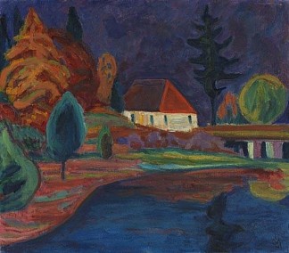 奥伯劳的风景与房子 Landschaft mit Haus in Oberau (1908)，加布里埃尔·穆特