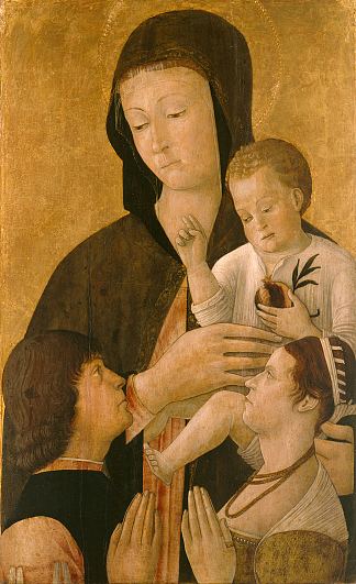 麦当娜与孩子和两个捐赠者 Madonna with child and two donors (c.1460)，亲爱的贝里尼