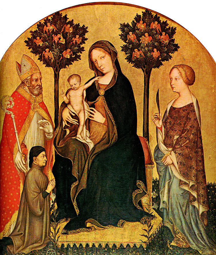 麦当娜与孩子和圣凯瑟琳，圣尼古拉斯和捐赠者Gentile da Fabriano Madonna with Child and St.Catherine, St.Nicolas and Donor Gentile da Fabriano (1395)，詹蒂莱·达·法布里亚诺