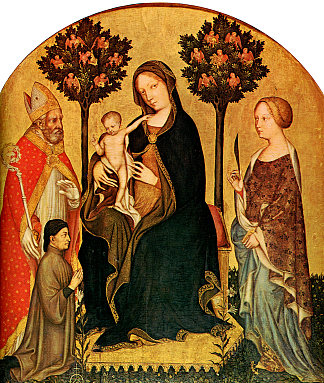 麦当娜与孩子和圣凯瑟琳，圣尼古拉斯和捐赠者Gentile da Fabriano Madonna with Child and St.Catherine, St.Nicolas and Donor Gentile da Fabriano (1395)，詹蒂莱·达·法布里亚诺