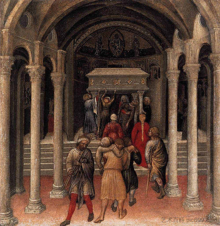 夸拉特西祭坛画，巴里圣尼古拉斯墓前的朝圣者 Quaratesi Altarpiece, Pilgrims at the Tomb of St.Nicholas of Bari (1425)，詹蒂莱·达·法布里亚诺