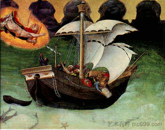 夸拉特西祭坛画,圣尼古拉斯拯救了一艘被暴风雨抛掷的船 Quaratesi Altarpiece, St.Nicholas saves a storm tossed ship (1425),詹蒂莱·达·法布里亚诺