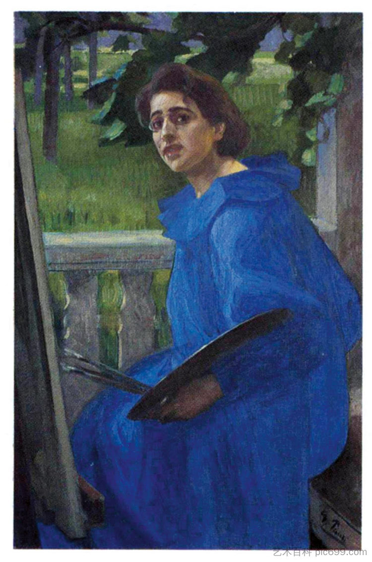 穿着蓝色连衣裙的汉娜（艺术家妻子的肖像） Hanna in a Blue Dress (Portrait of the Artist's Wife) (1896)，乔治·保利