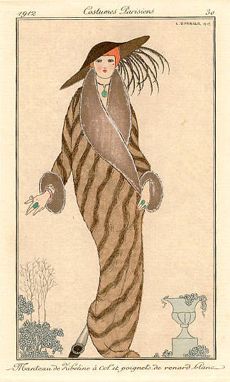 《巴黎服饰》第30期，《贵妇人与模式杂志》，1912年。齐贝林外套 Costumes Parisiens Fashion Illustration No.30, Journal Des Dames Et Des Modes, 1912. Manteau De Zibeline (1912)，乔治·巴比尔
