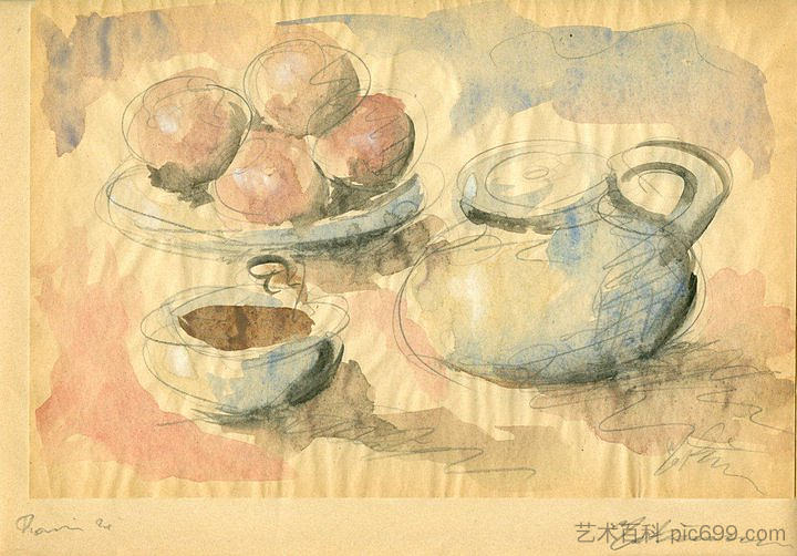 静物与水果和平底锅 Still Life with Fruit and Pans (1929)，乔治布齐亚尼斯