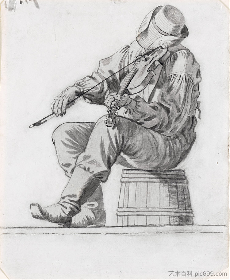 小提琴手（为快乐平船工学习） Fiddler (study for the Jolly Flatboatmen) (1846)，乔治·迦勒宾·宾汉姆