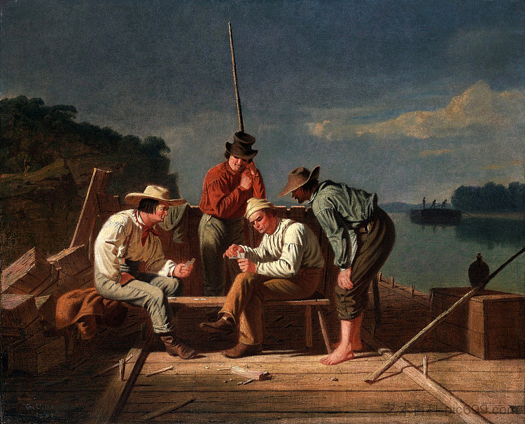 陷入困境，或密西西比木筏工在卡片 In a Quandary, Or Mississippi Raftsmen at Cards (1851)，乔治·迦勒宾·宾汉姆