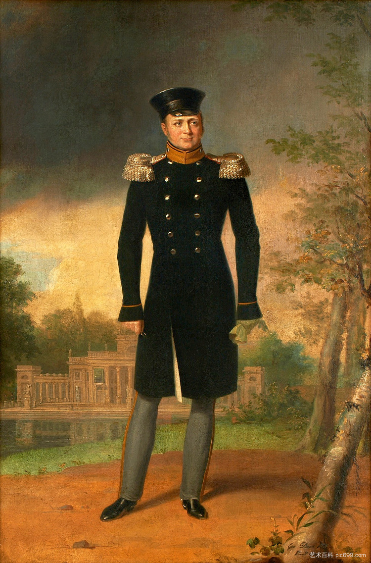 俄罗斯亚历山大一世的肖像对华沙水上宫殿 Portrait of Alexander I of Russia Against the Palace on the Water in Warsaw (1826)，乔治·道威