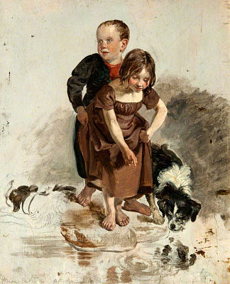 一个男孩和一个女孩和一只站在溪边的牧羊犬（“契约者洗礼”的研究） A Boy and a Girl with a Collie Dog Standing by a Stream (Study for ‘The Covenanters’ Baptism’) (1830)，乔治·哈维