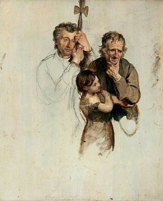 两个男人和一个女孩站着（研究“契约者的洗礼”） Two Men and a Girl Standing (Study for ‘The Covenanters’ Baptism’) (1830)，乔治·哈维