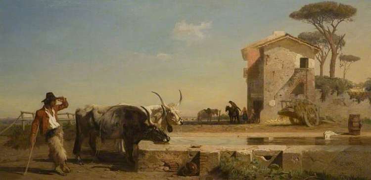 罗马坎帕尼亚饮酒场所的牛 Cattle at a Drinking Place in the Campagna, Rome (1854)，乔治·海明梅森