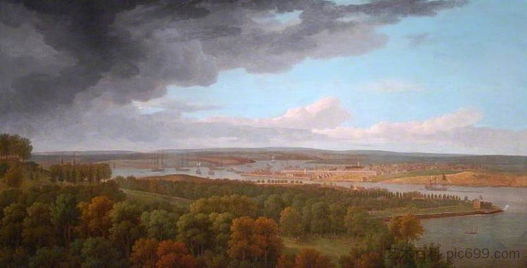 从埃奇库姆山看哈莫泽和普利茅斯码头 A View of Hamoze and Plymouth Dock from Mount Edgcumbe，乔治·兰伯特