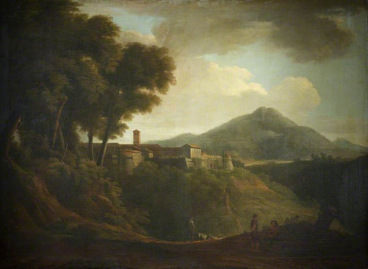 意大利景观与遥远的城镇和山脉 Italianate Landscape with a Distant Town and a Mountain，乔治·兰伯特