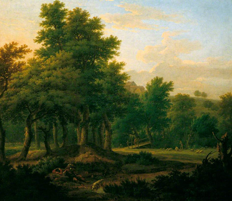 树木繁茂的景观与吉普赛人，晚上 Wooded Landscape with Gypsies, Evening (1745)，乔治·兰伯特