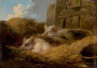 稻草中的两头猪（有猪的谷仓） Two Pigs in Straw (Barn with Pigs)，乔治·默兰德