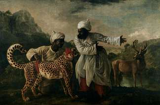 猎豹与两个印度仆人和一只雄鹿 Cheetah with Two Indian Servants and a Stag (c.1765)，乔治·斯塔布斯