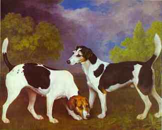 风景中的猎犬和母狗 Hound and Bitch in a Landscape (1792)，乔治·斯塔布斯
